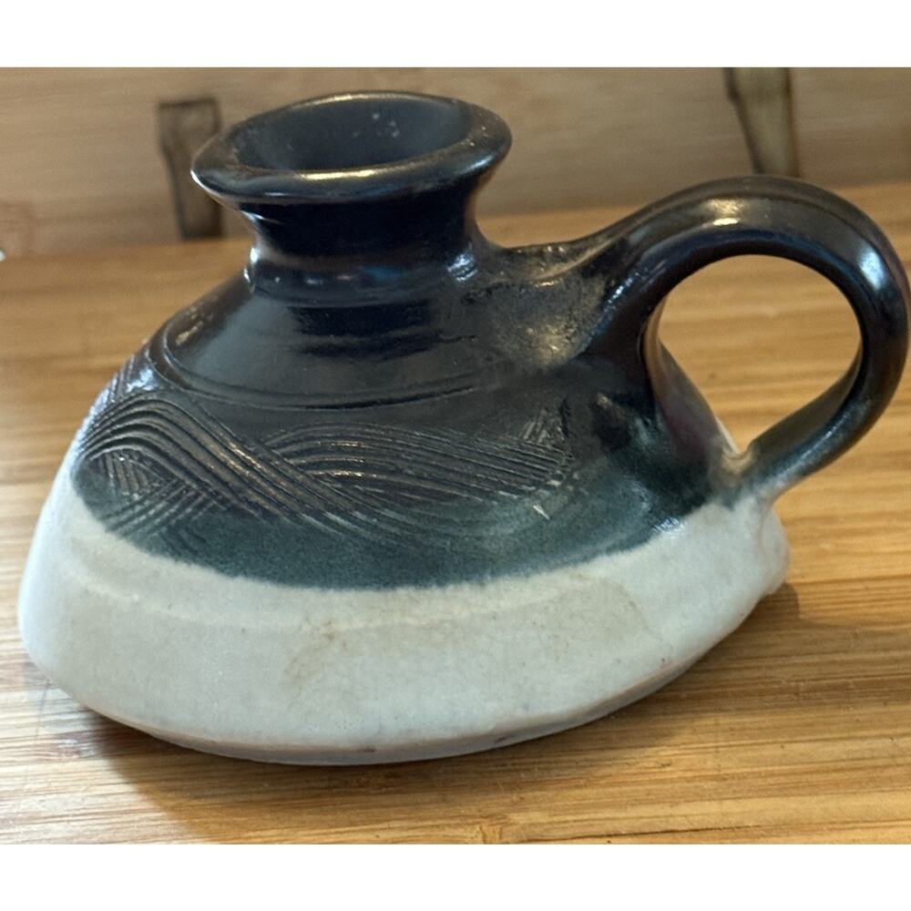 Studio Art Pottery Bud Vase Candle Holder With Handle Black And White 4x3